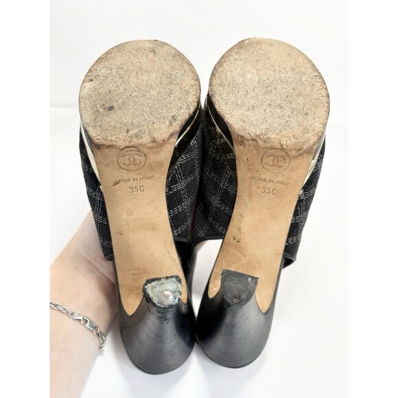 Chanel Black Checkered Embroidered Canvas Peep Toe Platform Slingbacks Sz EU 35C - Picture 14 of 16